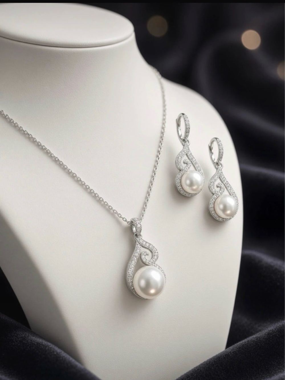Elegant White Pearl and Silver Pendant Necklace with Matching Earrings